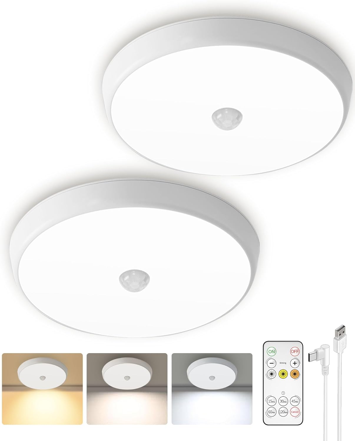 Motion Sensor Light Indoor, 2-Pack, 10000mAh, 7.1inch, 400LM, Remote Control, Dimmable, LED, Flush Mount, Wireless, Rechargeable, Battery Operated, Cordless, Ceiling Light, Closet Light, No Wiring