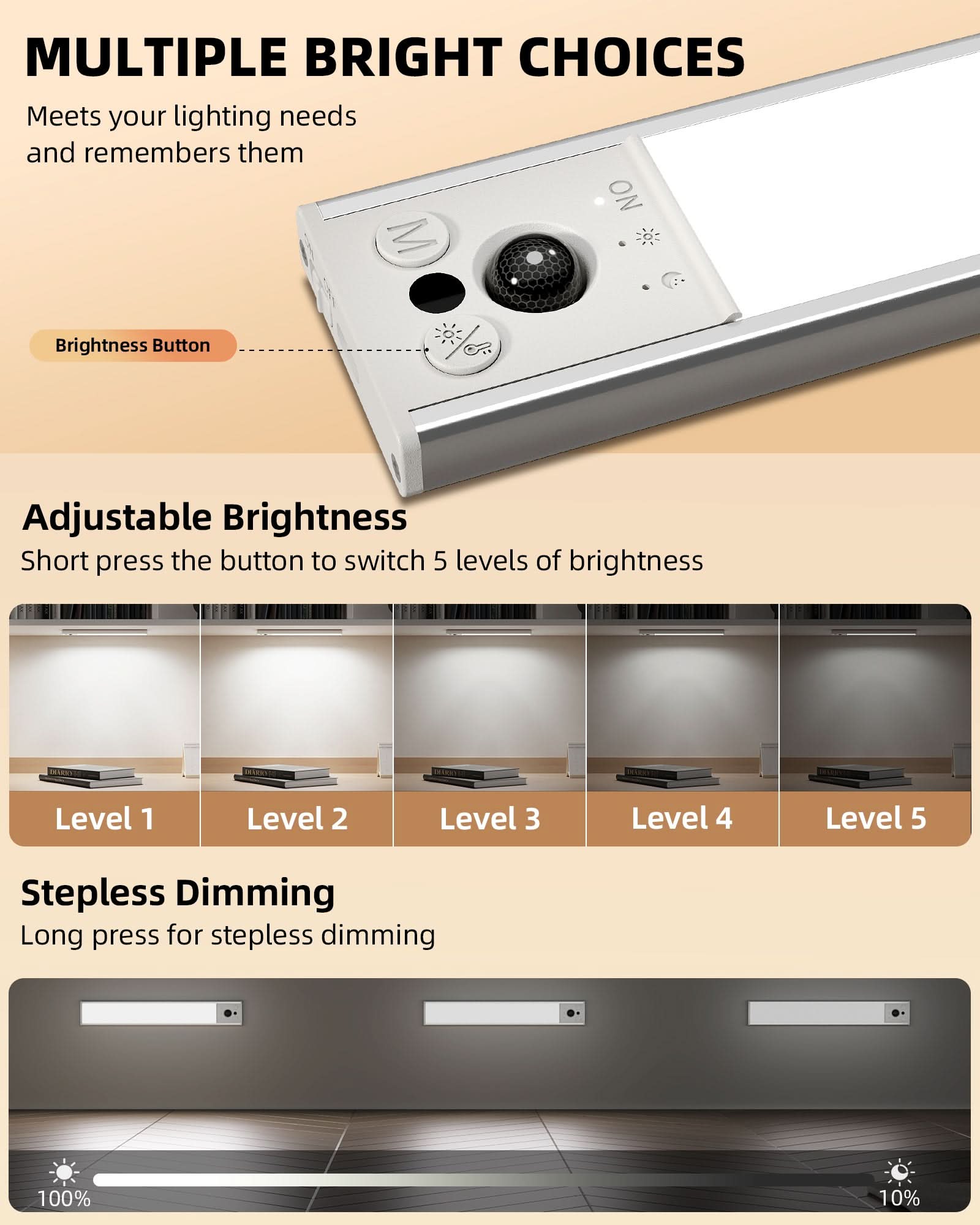 EZVALO 10inch Under Cabinet Lighting, LED Motion Sensor Light Indoor, 2400mAh USB Rechargeable Closet Lights, Dimmable & Magnetic Wireless Under Counter Lights for Kitchen, Pantry, Stairs (2 Pack) - EZVALO