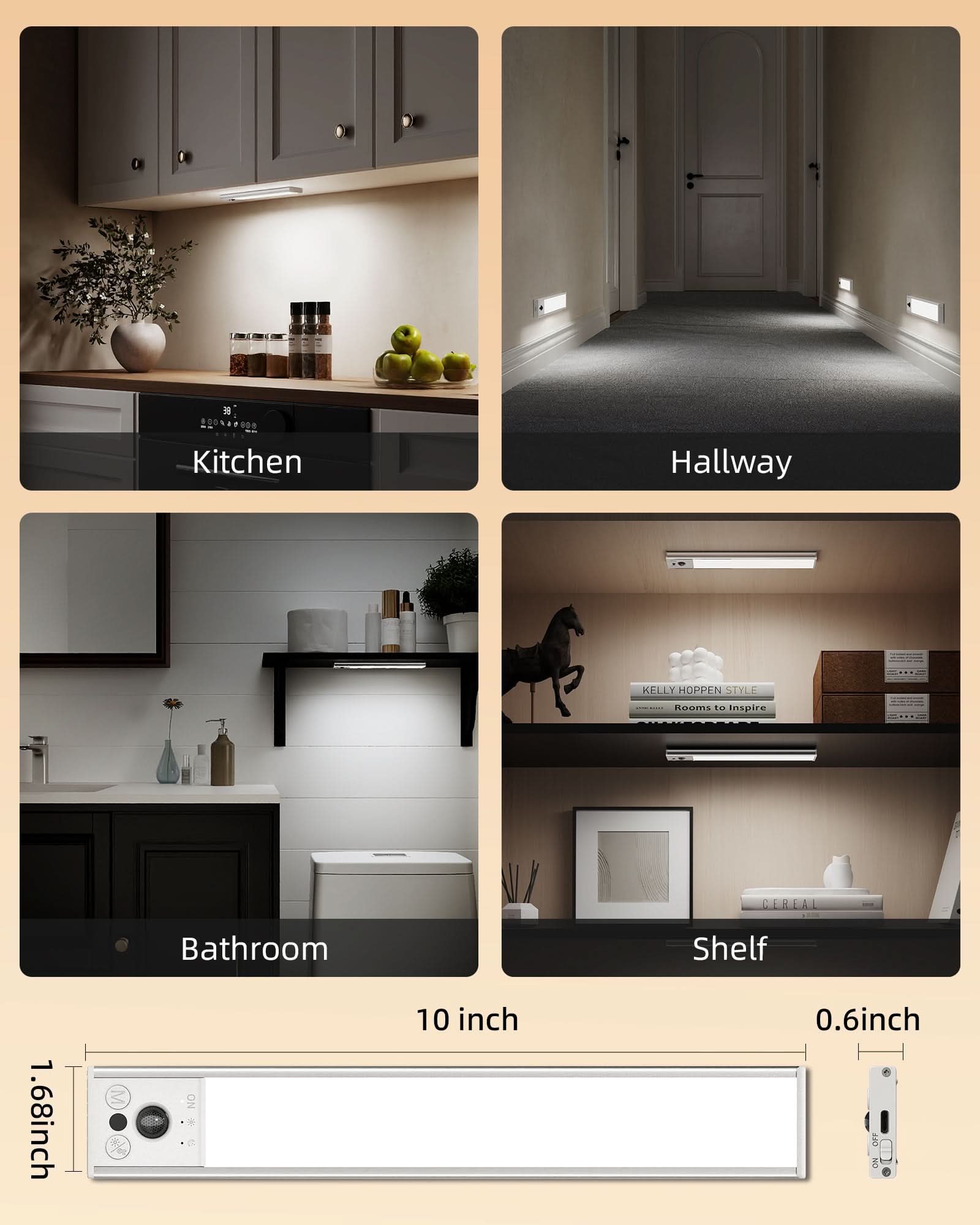 EZVALO 10inch Under Cabinet Lighting, LED Motion Sensor Light Indoor, 2400mAh USB Rechargeable Closet Lights, Dimmable & Magnetic Wireless Under Counter Lights for Kitchen, Pantry, Stairs (2 Pack) - EZVALO