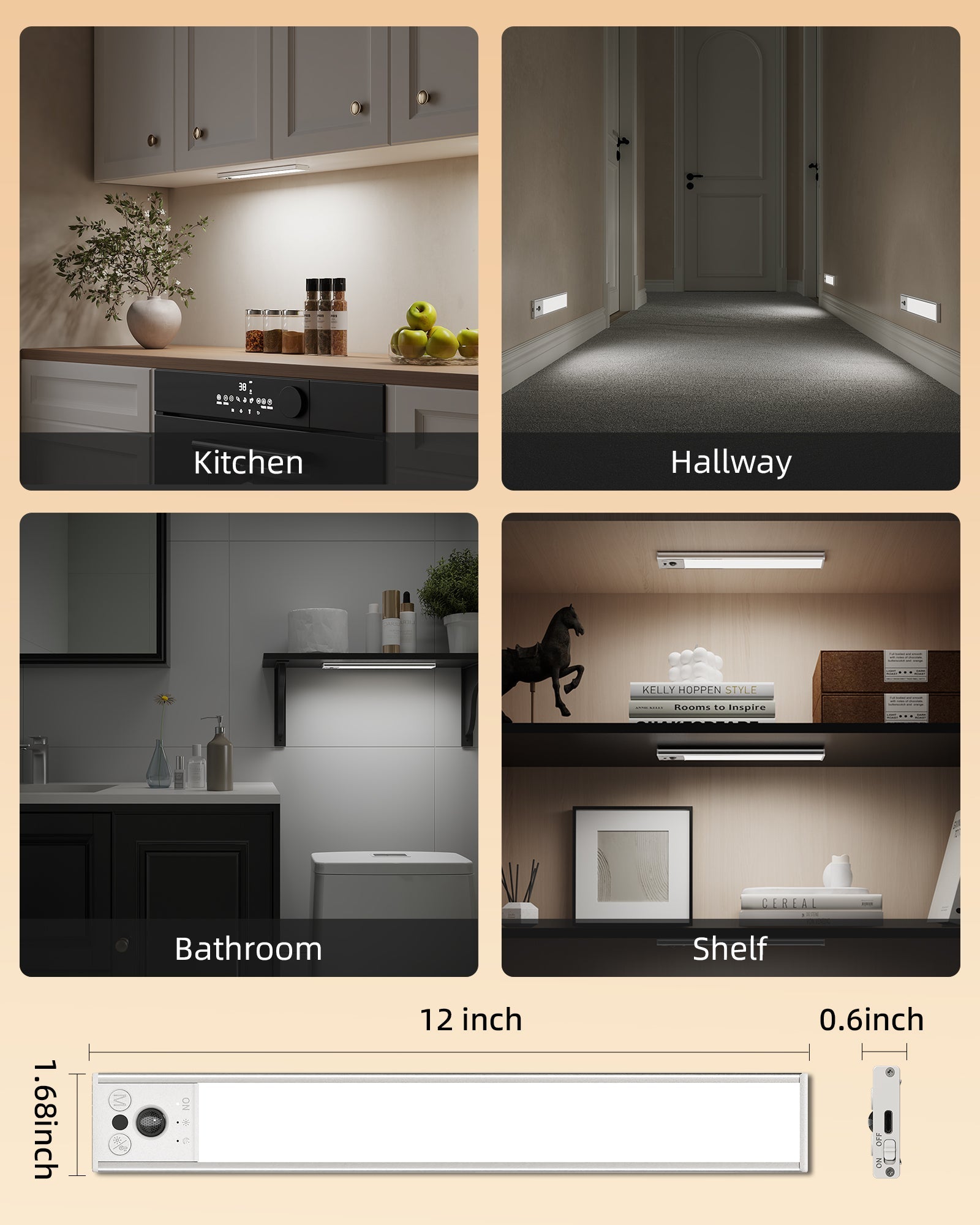 EZVALO 12inch Under Cabinet Lighting, LED Motion Sensor Light Indoor, 3100mAh USB Rechargeable Closet Lights, Dimmable & Magnetic Wireless Under Counter Lights for Kitchen, Pantry, Stairs (2 Pack) - EZVALO