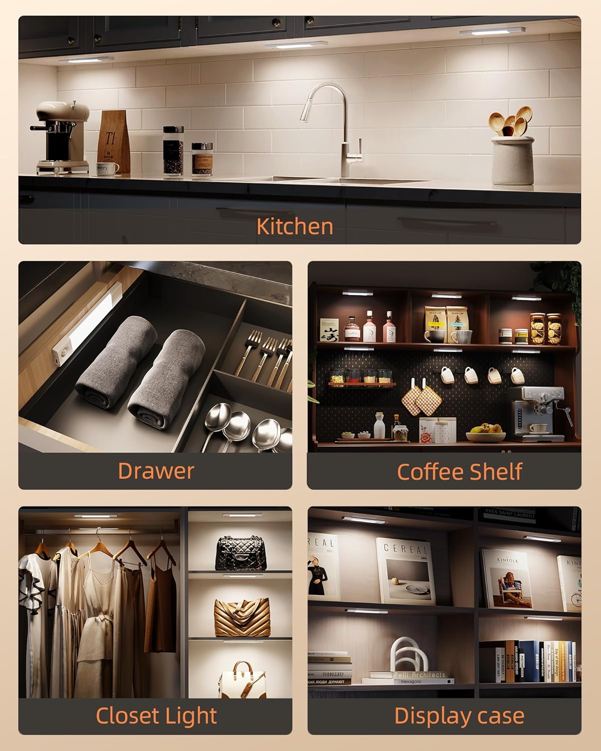 EZVALO 3 Pack 7” Motion Sensor Light Indoor, Wireless Under Cabinet Lighting, 30 LED Rechargeable Closet Lights, Dimmable, 3 Color Temperatures, Counter Lights for Wardrobe, Pantry, Bedroom, Kitchen - EZVALO