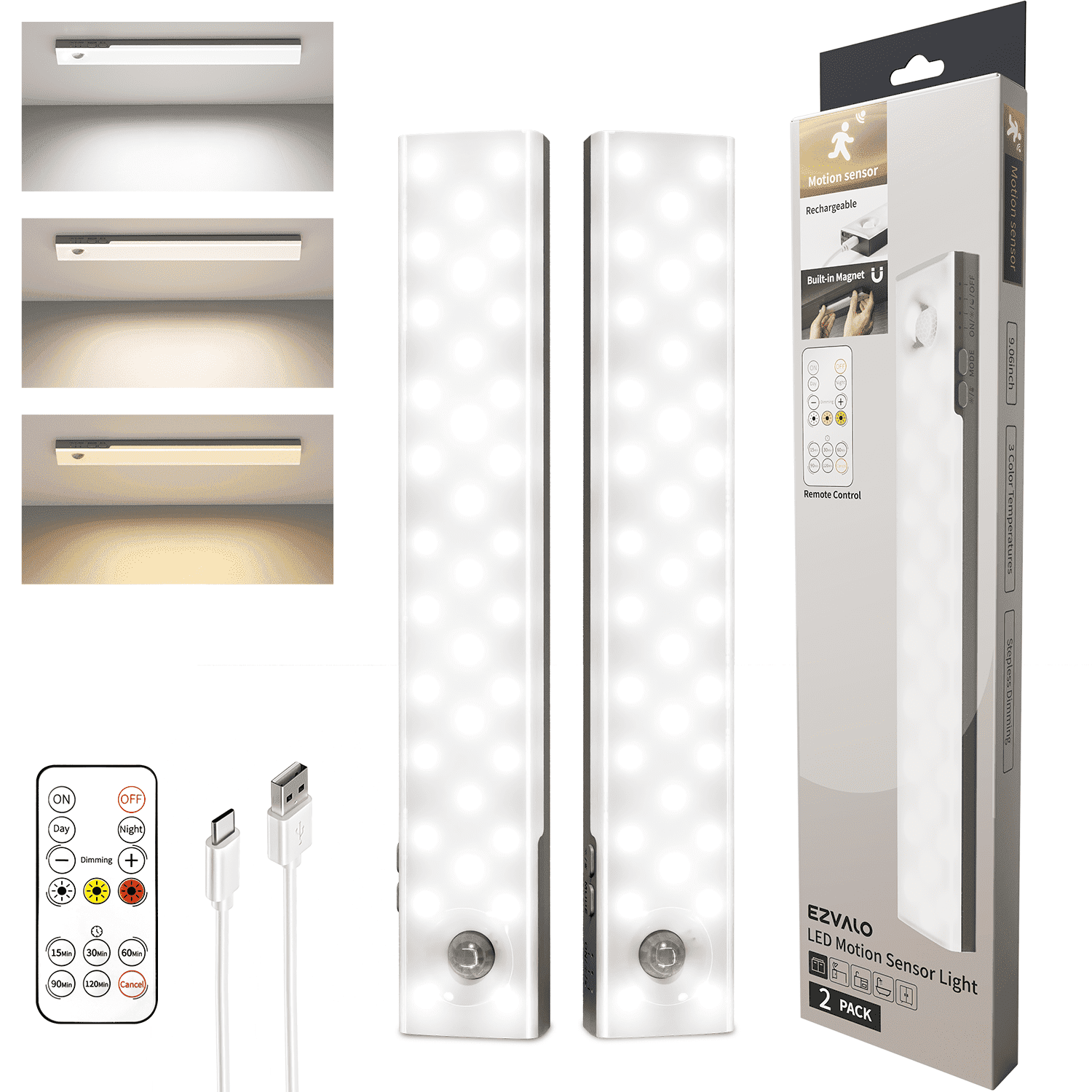 EZVALO 56 LED Under Cabinet Lights, USB Rechargeable 2000mAh Motion Sensor Closet Lighting Kit with Magnetic Strip, Remote, 3 Color Temps, Stepless Dimming & Timer for Kitchen, 3 Pack. - EZVALO