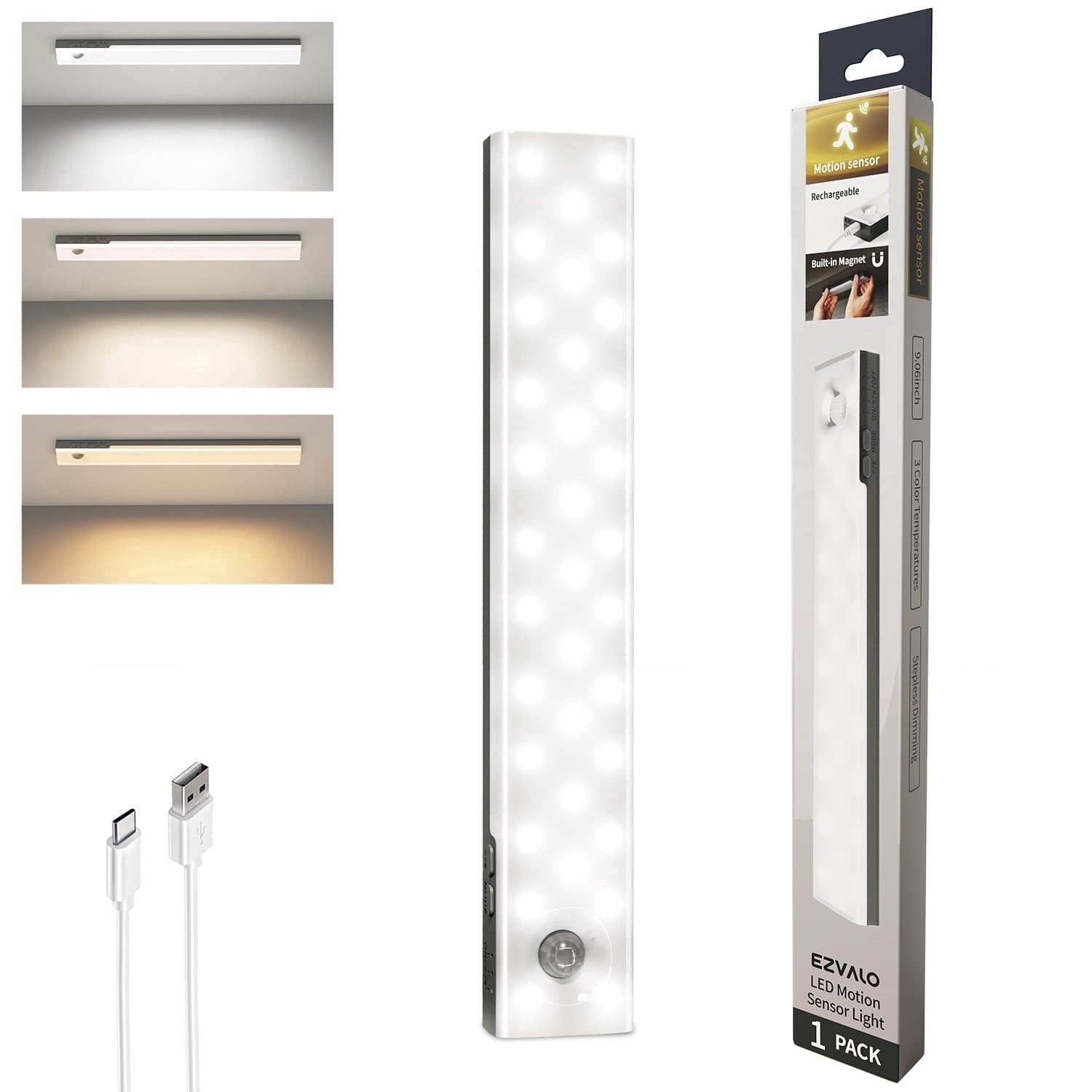 EZVALO 56 LED Under Cabinet Lights, USB Rechargeable 2000mAh Motion Sensor Closet Lighting Kit with Magnetic Strip, Remote, 3 Color Temps, Stepless Dimming & Timer for Kitchen, 3 Pack. - EZVALO