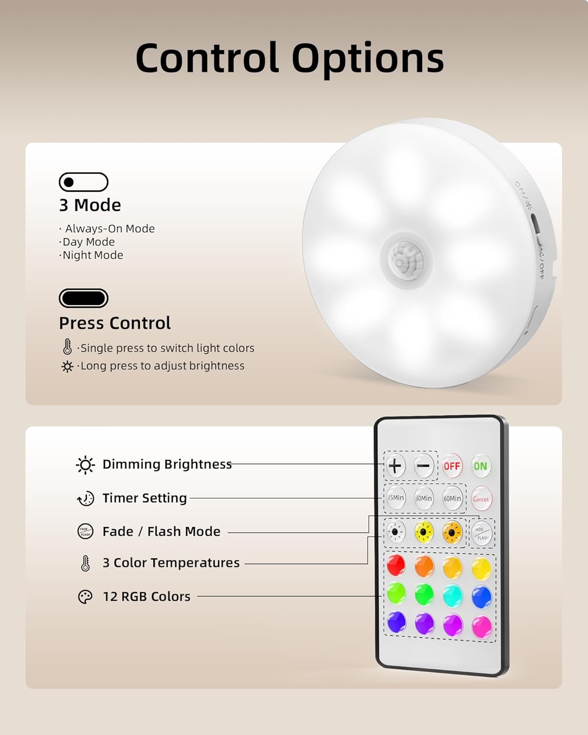 EZVALO 6 - Pack Under Cabinet Lighting, Rechargeable Motion Sensor Puck Lights with Remote, 3 Color Temps &12 RGB Colors, Magnetic Stick on Light, Dimmable Under Counter Lights for Kitchen, Shelf, Stair - EZVALO