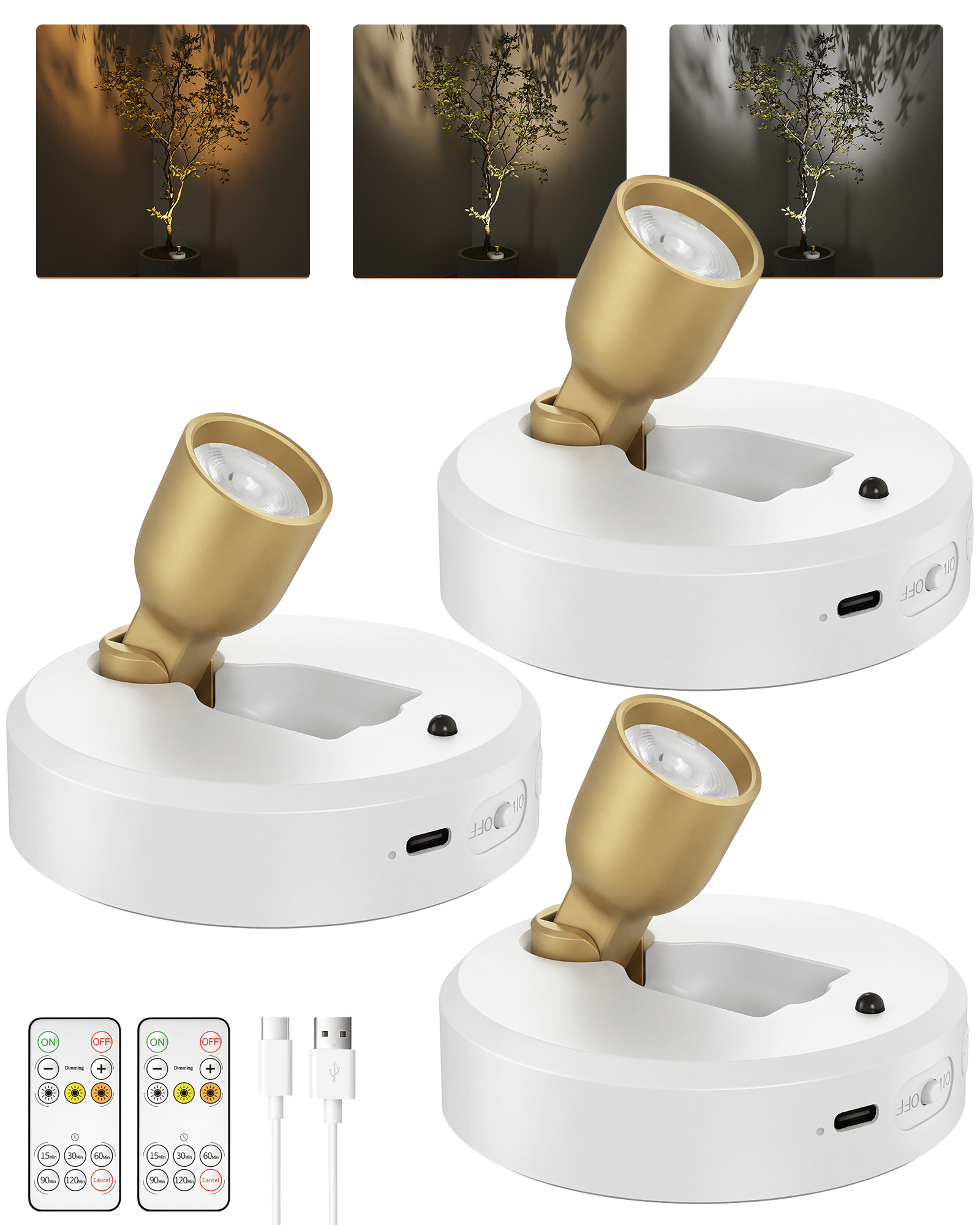 EZVALO Spotlight Indoor with Remote, 4000mAh Rechargeable Battery-Powered Plant Spot Lights, Wireless Mini Uplights with Dimmable & 3-CCT, Timer, Accent Lighting for Pictures, Art, Displays (2-Pack) - EZVALO