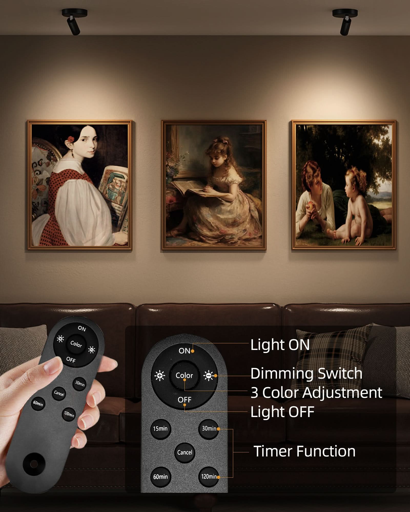 EZVALO Spotlights Indoor with Remote, 5500mAh Rechargeable Picture Lights, Wireless LED Uplighting with Timer&Dimmable, 3CCT, Display Lights for Plant Painting, Artwork, Accent Lighting (2Pack - Black) - EZVALO