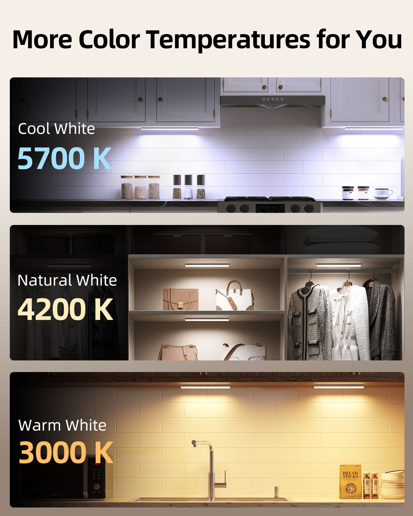 EZVALO 56 LED Under Cabinet Lights, USB Rechargeable 2000mAh Motion Sensor Closet Lighting Kit with Magnetic Strip, Remote, 3 Color Temps, Stepless Dimming & Timer for Kitchen, 3 Pack.