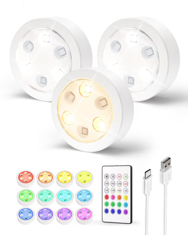 Puck Lights with Remote, 14 Colors Changeable RGB LED Under Cabinet Lighting, 1200mAh Rechargeable Under Cabinet Lights, Tap Light, Stick on Lights for Kitchen, Counter, Closet