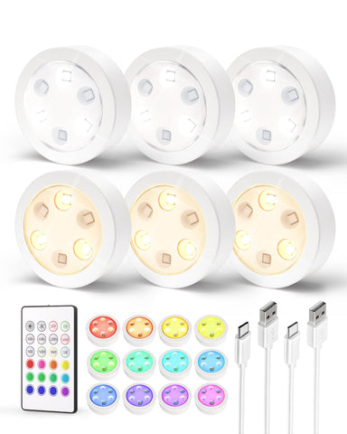 Puck Lights with Remote, 14 Colors Changeable RGB LED Under Cabinet Lighting, 1200mAh Rechargeable Under Cabinet Lights, Tap Light, Stick on Lights for Kitchen, Counter, Closet