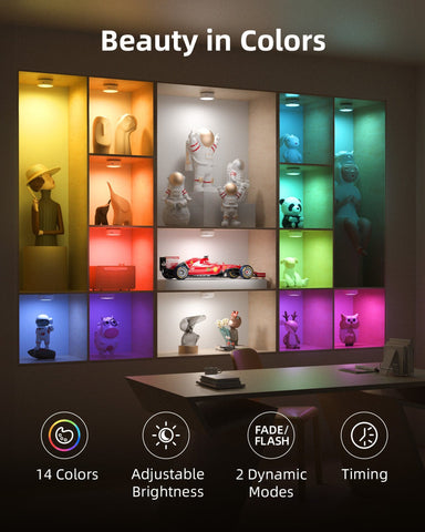 Puck Lights with Remote, 14 Colors Changeable RGB LED Under Cabinet Lighting, 1200mAh Rechargeable Under Cabinet Lights, Tap Light, Stick on Lights for Kitchen, Counter, Closet