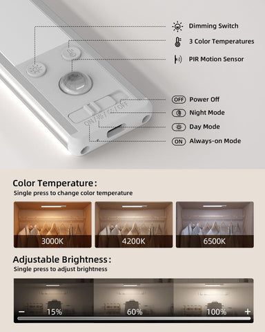 EZVALO Under Cabinet Lights, 80 LED Motion Sensor Lights Indoor 3 Color Temps, 1900mAh Rechargeable Closet Lights Wireless, Dimmable Under Counter Lights for Kitchen, Wardrobe, Hallway (2 Pack)