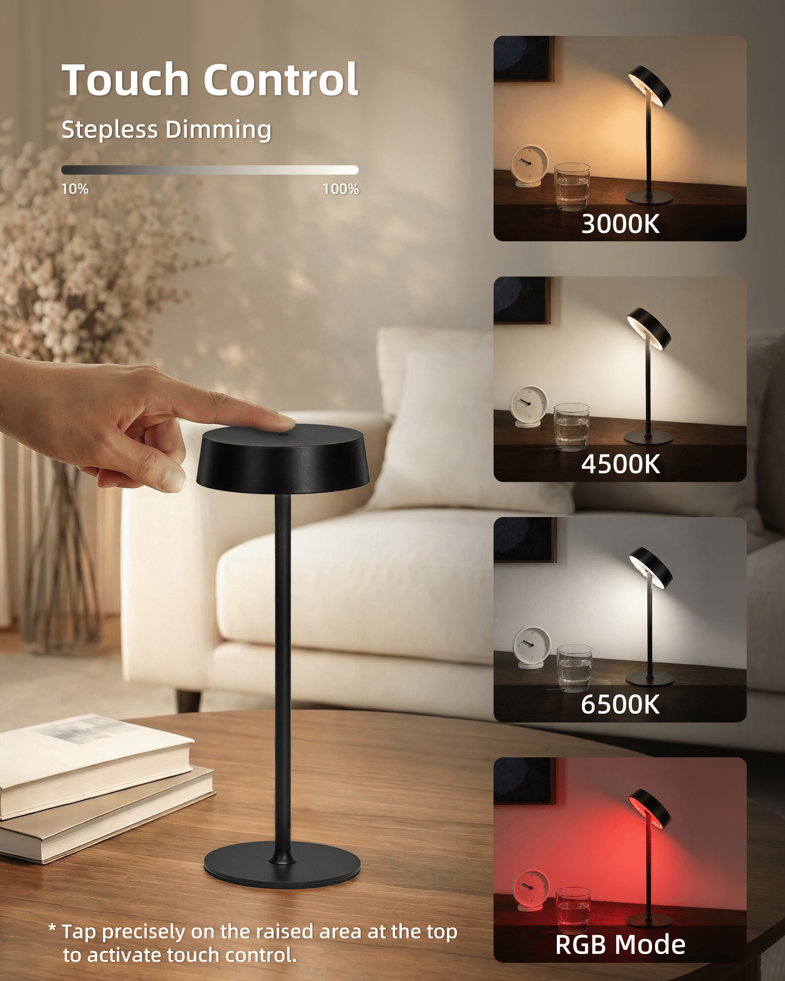Cordless Lamp, Rechargeable Table Lamp, Battery Operated, RGB Dimmable Touch Control, 3 Color Temperatures, LED Memory Function, Portable Outdoor Waterproof Desk Lamp, Restaurant Dining Patio Kitchen - EZVALO