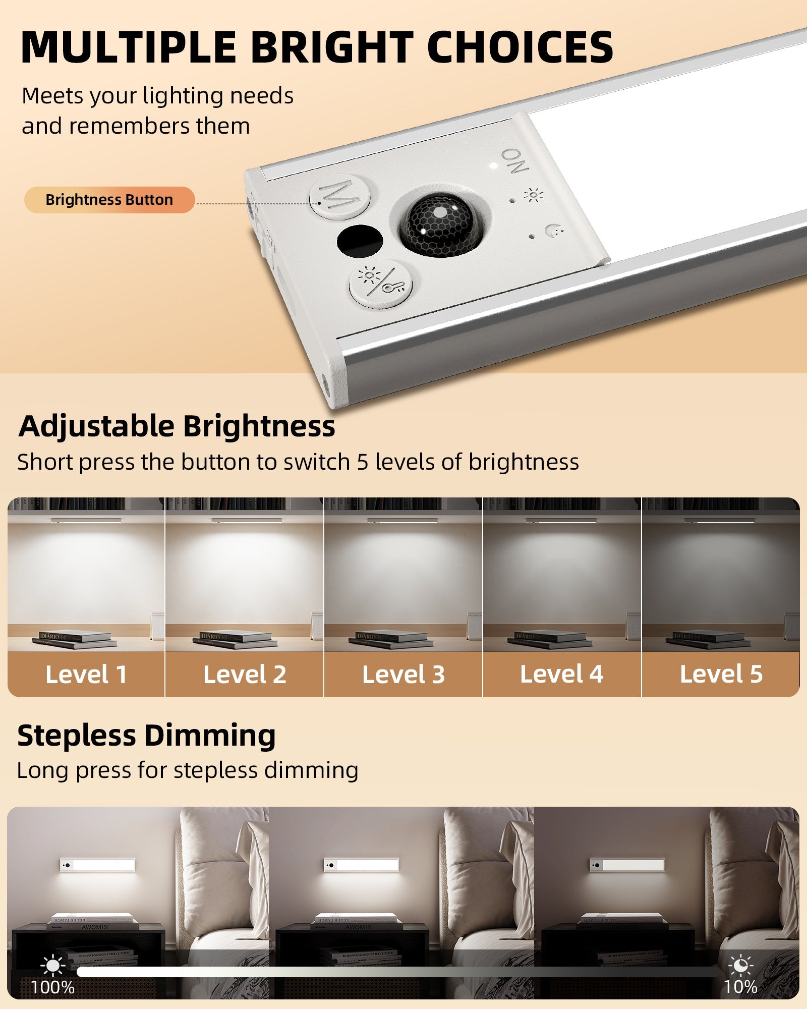 EZVALO 10inch Under Cabinet Lighting, LED Motion Sensor Light Indoor, 2400mAh USB Rechargeable Closet Lights, Dimmable & Magnetic Wireless Under Counter Lights for Kitchen, Pantry, Stairs (2 Pack) - EZVALO