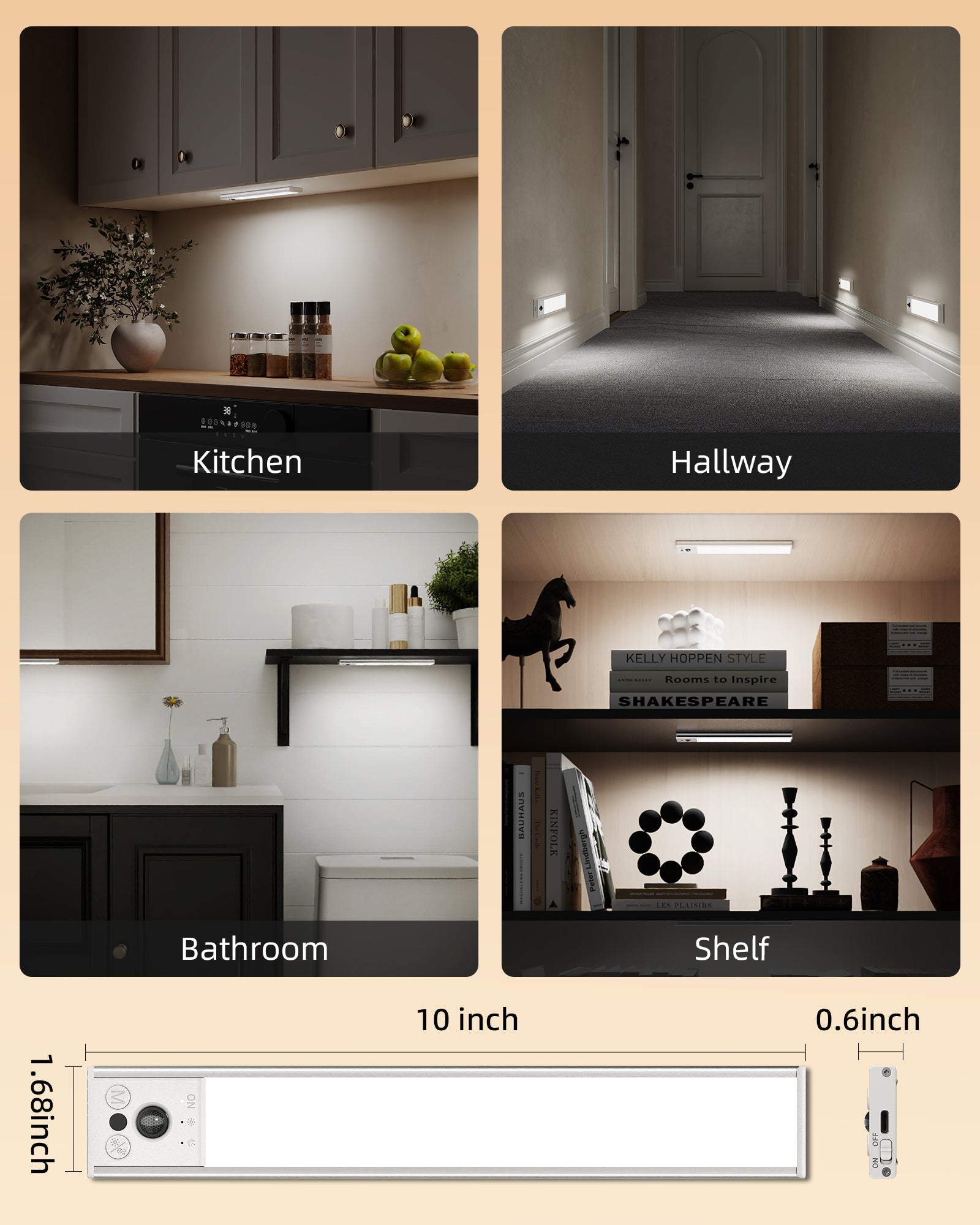 EZVALO 10inch Under Cabinet Lighting, LED Motion Sensor Light Indoor, 2400mAh USB Rechargeable Closet Lights, Dimmable & Magnetic Wireless Under Counter Lights for Kitchen, Pantry, Stairs (2 Pack) - EZVALO
