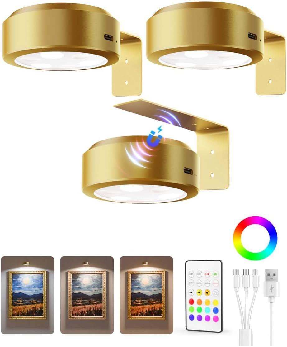 EZVALO 3 Pack Picture Lights, 2000mAh Rechargeable Magnetic Wall Lights, 15 Colors RGB+3 Modes, Dimmable Remote Timer, Wireless Art Display Lights for Paintings & Frames - EZVALO