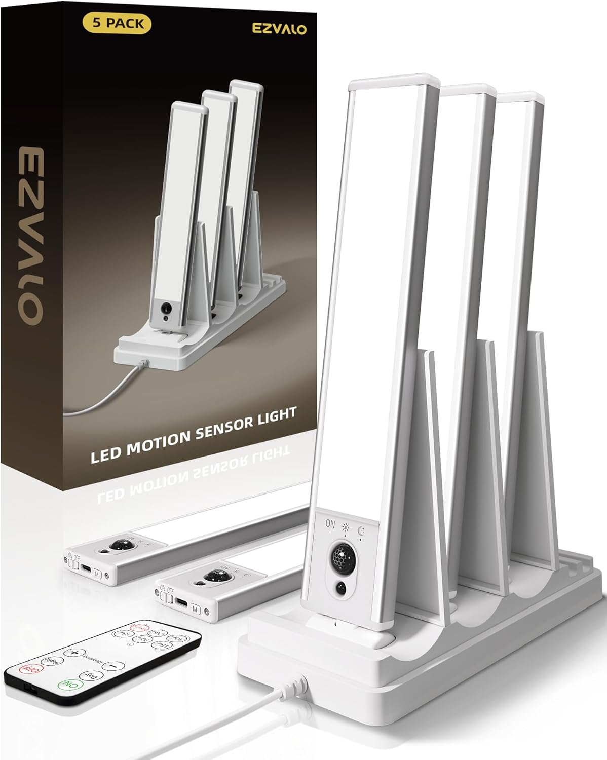 EZVALO 5 - Pack Under Cabinet Lighting, 2400mAh Motion Sensor Light, LED Closet Lights Wireless, 6500K Dimmable, Timer, Magnetic, with Remote Control for Kitchen, Closet, Stair - EZVALO