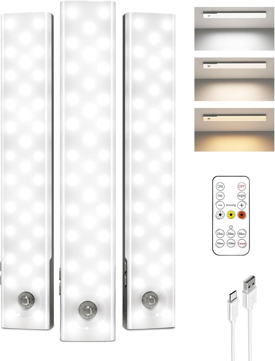 EZVALO 56 LED Under Cabinet Lights, USB Rechargeable 2000mAh Motion Sensor Closet Lighting Kit with Magnetic Strip, Remote, 3 Color Temps, Stepless Dimming & Timer for Kitchen, 3 Pack - EZVALO