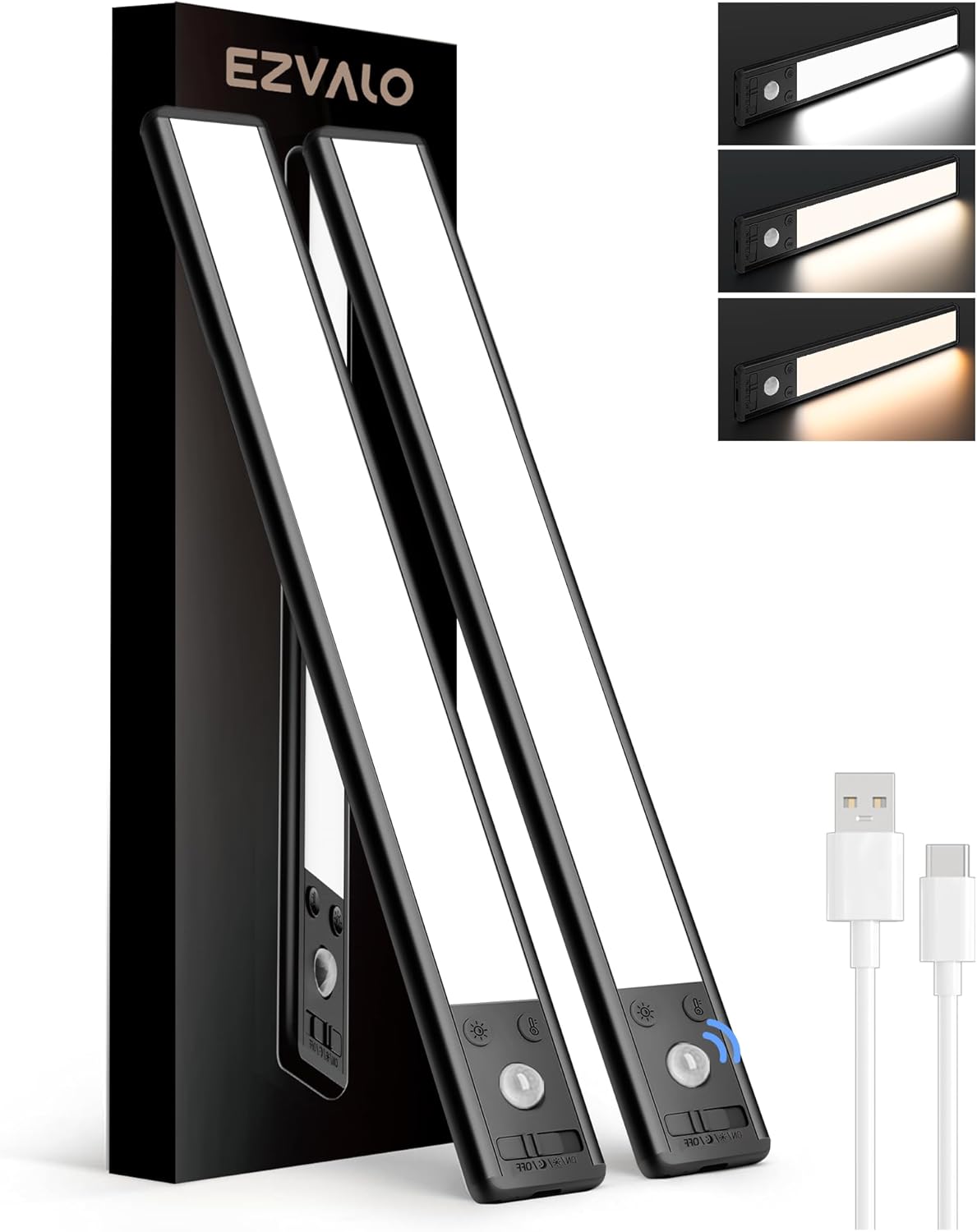 EZVALO 8" Under Cabinet Lighting, 2400mAh USB - C Rechargeable Motion Sensor Light, 3 Color Temps, 5 - Level Dimmable Magnetic Wireless Closet Lights for Kitchen, Pantry, Stairs (2 Pack) - EZVALO