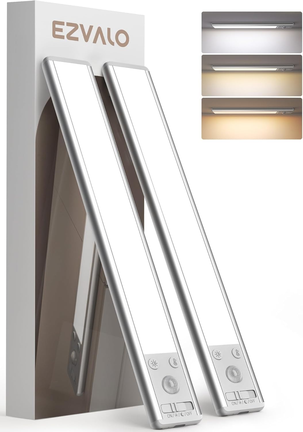 EZVALO 8" Under Cabinet Lighting, 2400mAh USB - C Rechargeable Motion Sensor Light, 3 Color Temps, 5 - Level Dimmable Magnetic Wireless Closet Lights for Kitchen, Pantry, Stairs (2 Pack) - EZVALO