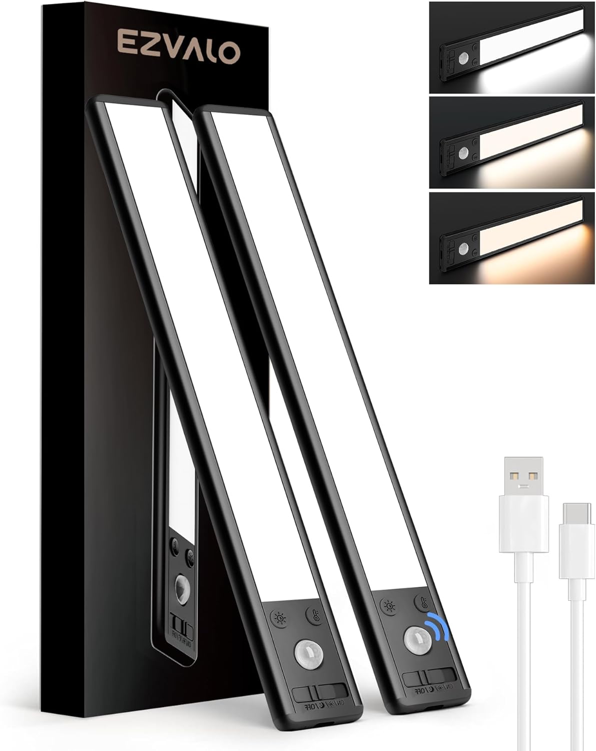 EZVALO 8" Under Cabinet Lighting, 2400mAh USB - C Rechargeable Motion Sensor Light, 3 Color Temps, 5 - Level Dimmable Magnetic Wireless Closet Lights for Kitchen, Pantry, Stairs (2 Pack) - EZVALO