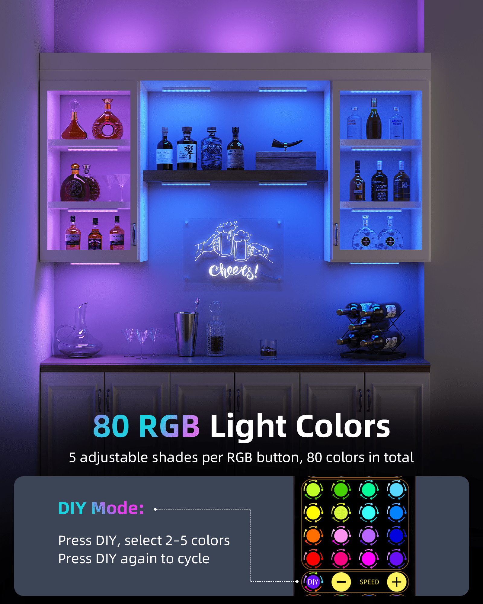 EZVALO 80 RGB Color Changing Under Cabinet Lighting Wireless, 1800mAh Rechargeable Shelf Lights, Magnetic, Timer & Dimmable Bar Light with Remote for Kitchen, Display Case, Cabinet, 6Pack - EZVALO