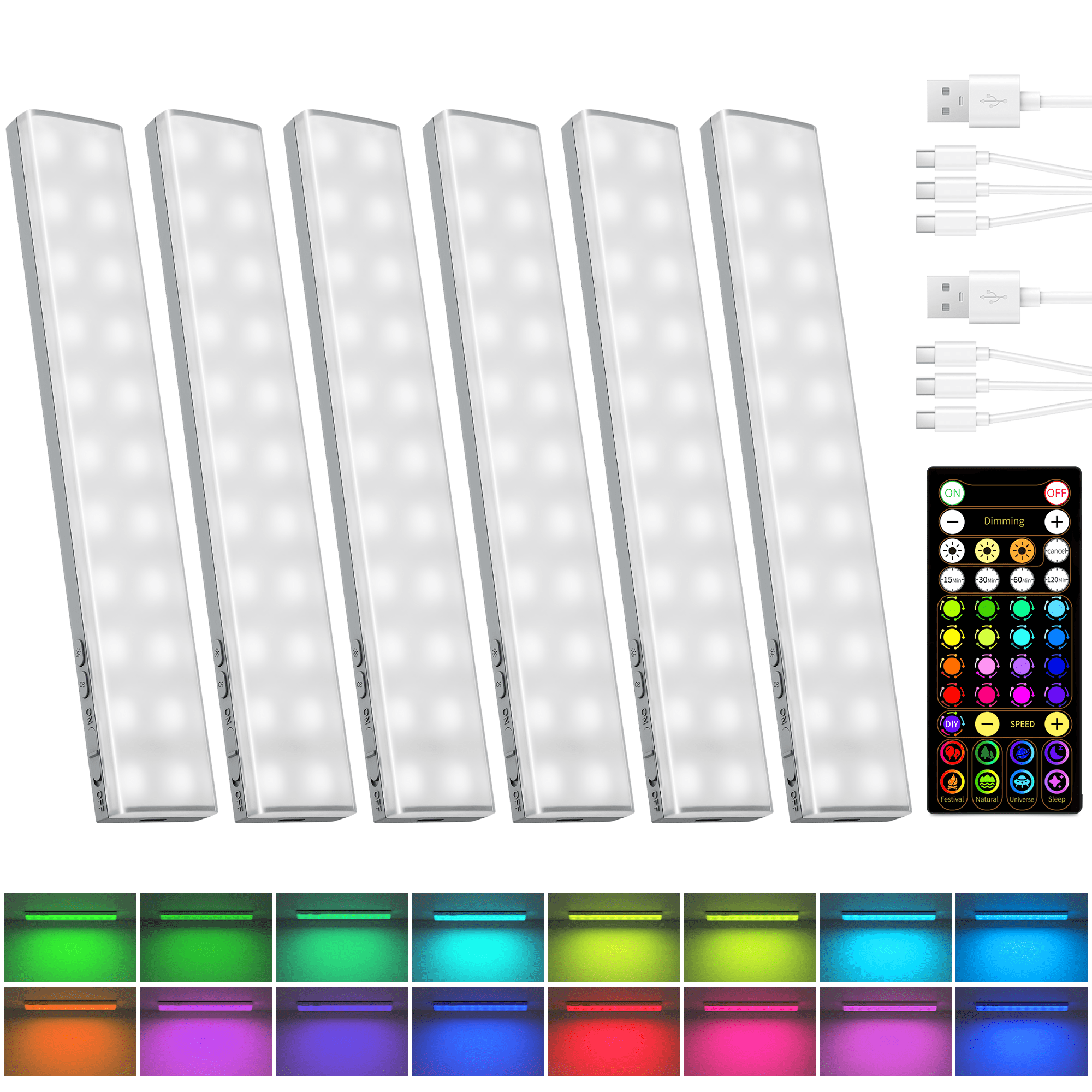 EZVALO 80 RGB Color Changing Under Cabinet Lighting Wireless, 1800mAh Rechargeable Shelf Lights, Magnetic, Timer & Dimmable Bar Light with Remote for Kitchen, Display Case, Cabinet, 6Pack - EZVALO