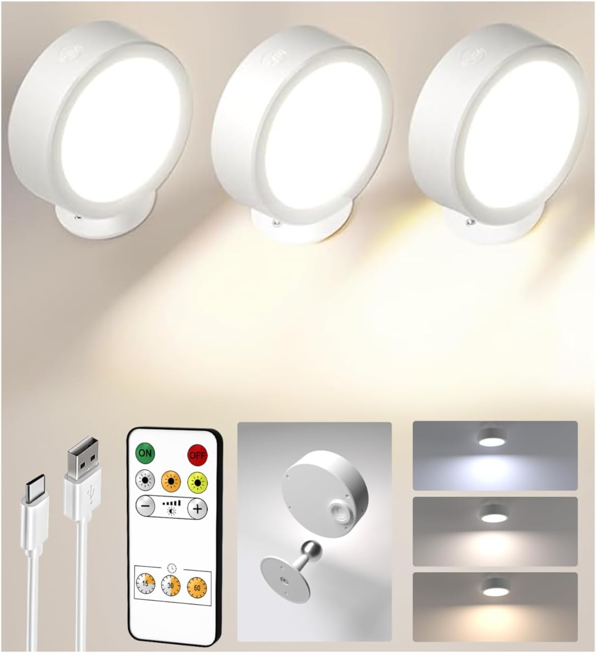 EZVALO LED Wall Mounted Lights, 5500mAh Rechargeable Wall Sconces Lamp, 3 Color Temps & Remote and Touch Control, 360°Rotation Dimmable Cordless Wall Light for Bedroom Reading Study Bedside (2 Pack) - EZVALO