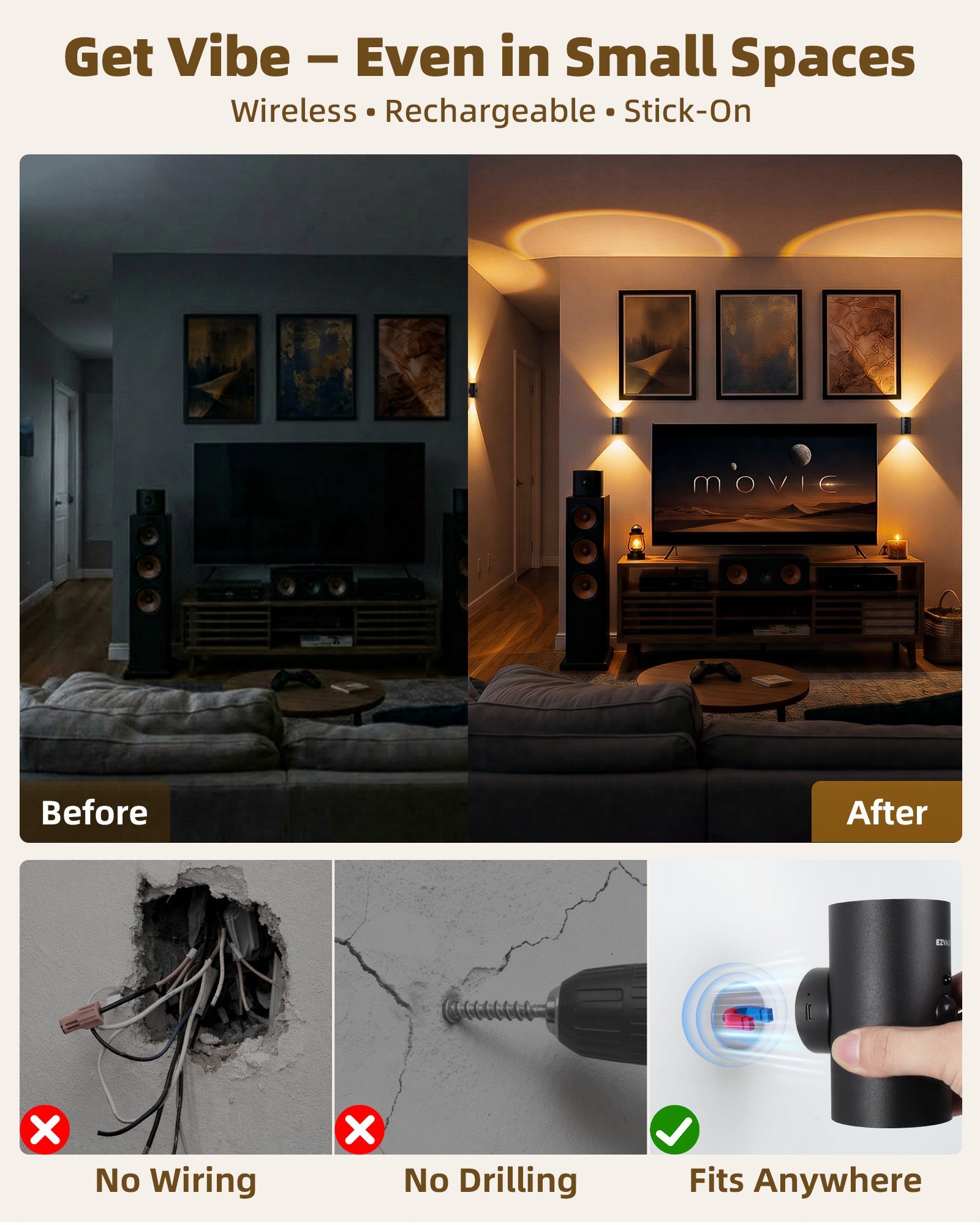 EZVALO Motion Sensor Wall Light, 4000mAh Rechargeable Wall Sconce with Remote, 12 RGB & 3 Color Temps, Up & Down Ambient Lighting for Bedroom, Hallway, Corner Decor (2 Pack, Black) - EZVALO