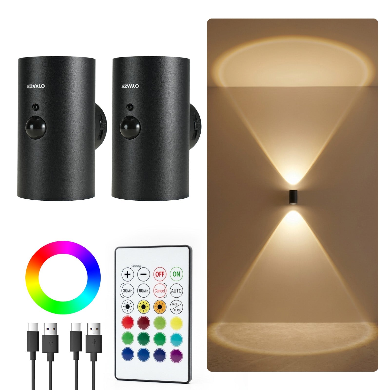 EZVALO Motion Sensor Wall Light, 4000mAh Rechargeable Wall Sconce with Remote, 12 RGB & 3 Color Temps, Up & Down Ambient Lighting for Bedroom, Hallway, Corner Decor (2 Pack, Black) - EZVALO