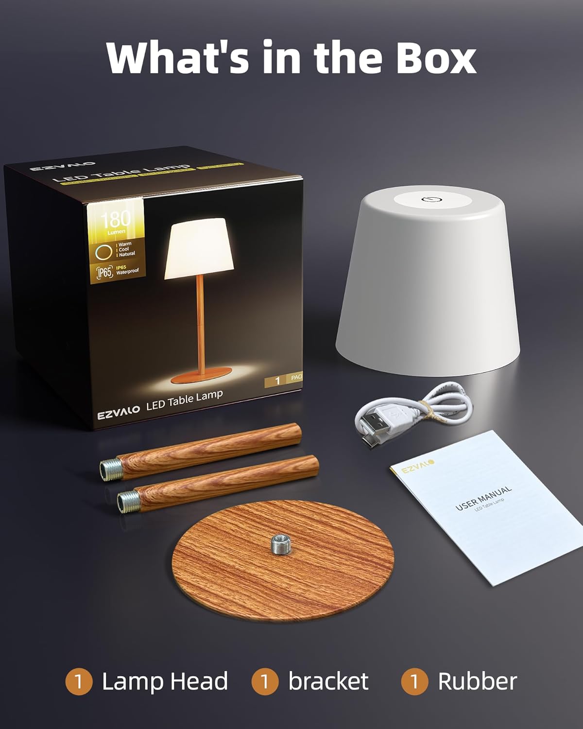 EZVALO Outdoor Cordless Table Lamp, IP65 Waterproof 4500mAh Rechargeble Shower Lamp, Dimmable Touch Lamp, LED Night Light Lamp for Bathroom Patio Camping Restaurant Home - EZVALO