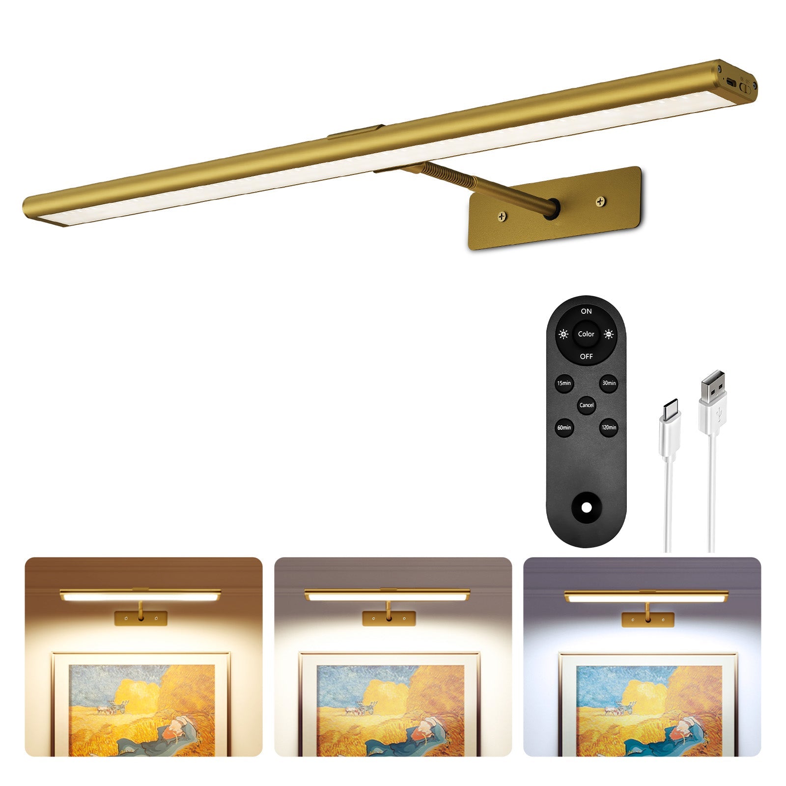 EZVALO Picture Light for Wall, 4800mAh Rechargeable Wireless Lights, 16'' Dimmable with IR Remote Magnetic LED Art Painting Light with 3 Color Temps, Display for Gallery, Living Room, Bedroom(Gold) - EZVALO