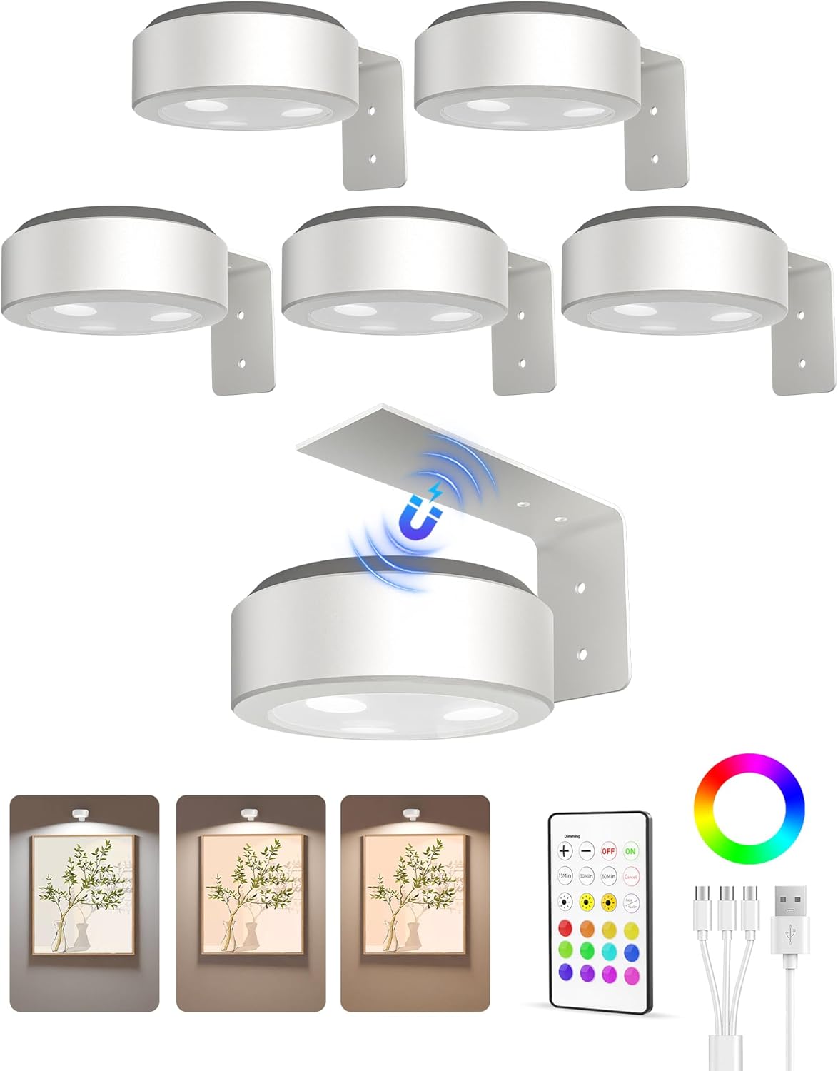 EZVALO Picture Lights for Wall, 2000mAh Rechargeable Battery Magnetic Poster Lights with 3 Color Temps & 12 RGB, Remote Dimmable Timer Painting Light, Wall Decor Light for Art Display, Frame (3 Pack) - EZVALO