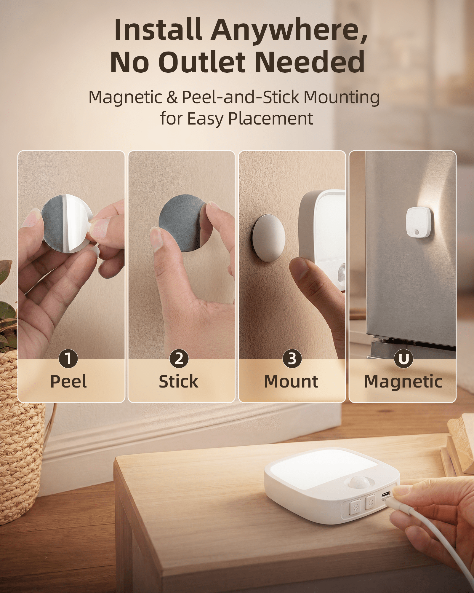 EZVALO Rechargeable Motion Sensor Night Lights, 4 Pack Magnetic Stick-On LED Lights, 3 Color Temperatures, 10%-100% Dimming & Memory, 1000mAh Light for Closet, Bedroom, Hallway, Stairs, Bathroom - EZVALO