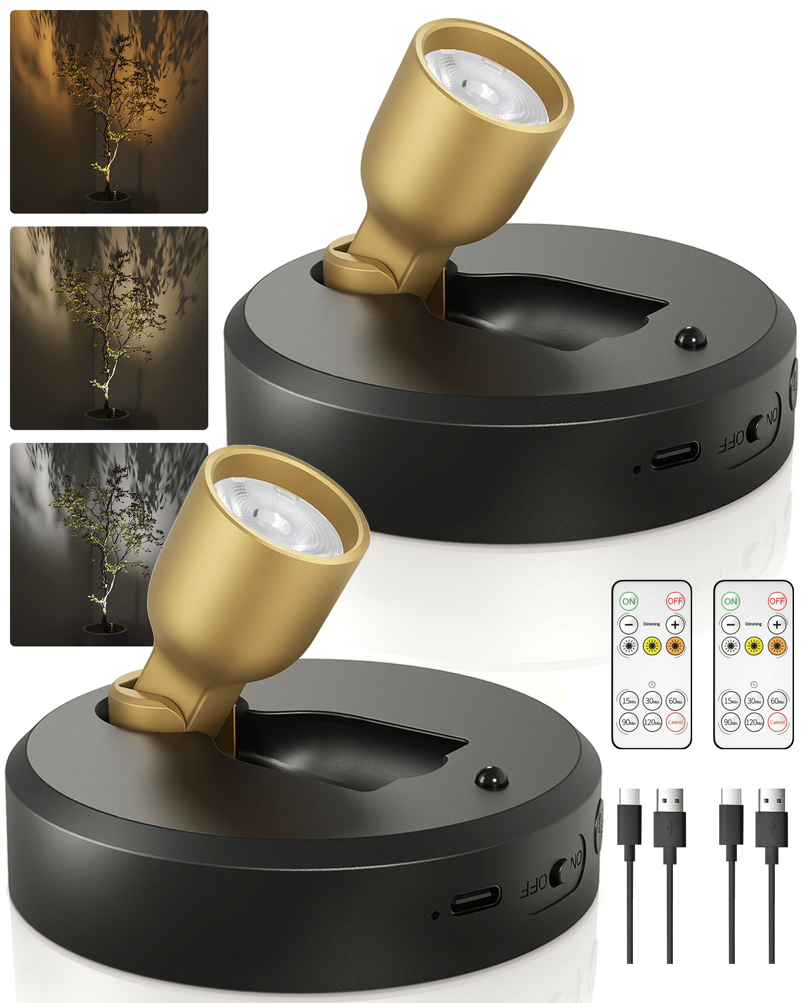 EZVALO Spotlight Indoor with Remote, 4000mAh Rechargeable Battery-Powered Plant Spot Lights, Wireless Mini Uplights with Dimmable & 3-CCT, Timer, Accent Lighting for Pictures, Art, Displays (2-Pack) - EZVALO