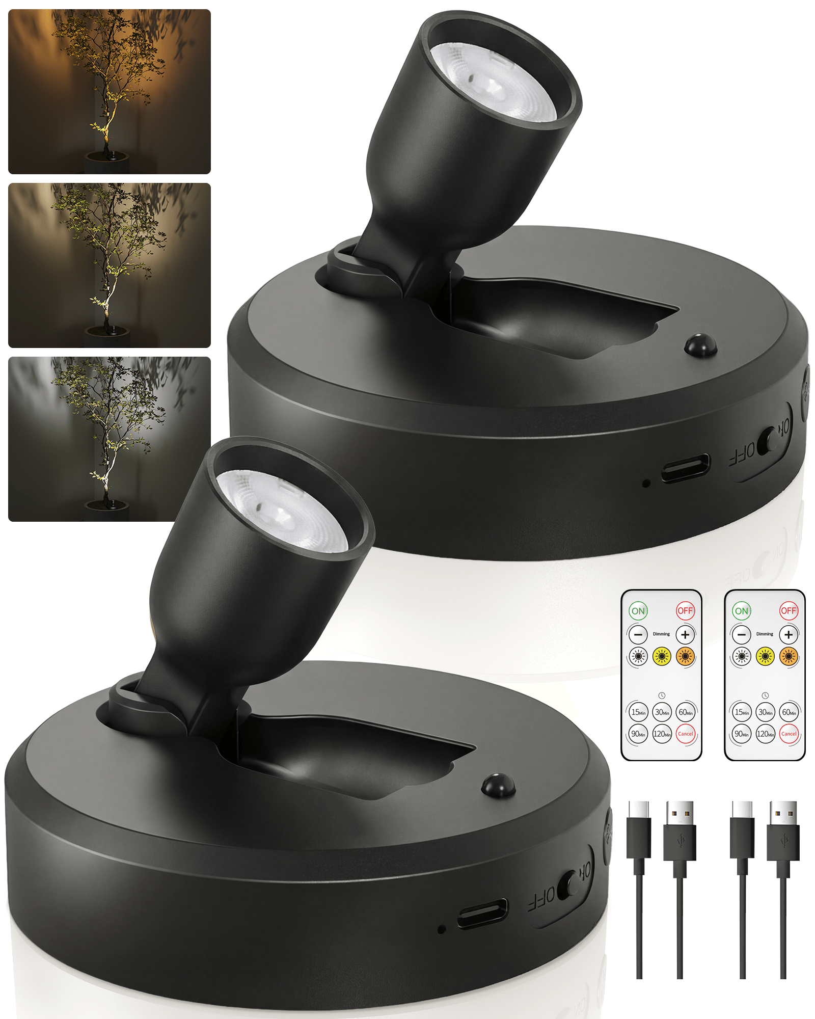 EZVALO Spotlight Indoor with Remote, 4000mAh Rechargeable Battery-Powered Plant Spot Lights, Wireless Mini Uplights with Dimmable & 3-CCT, Timer, Accent Lighting for Pictures, Art, Displays (2-Pack) - EZVALO