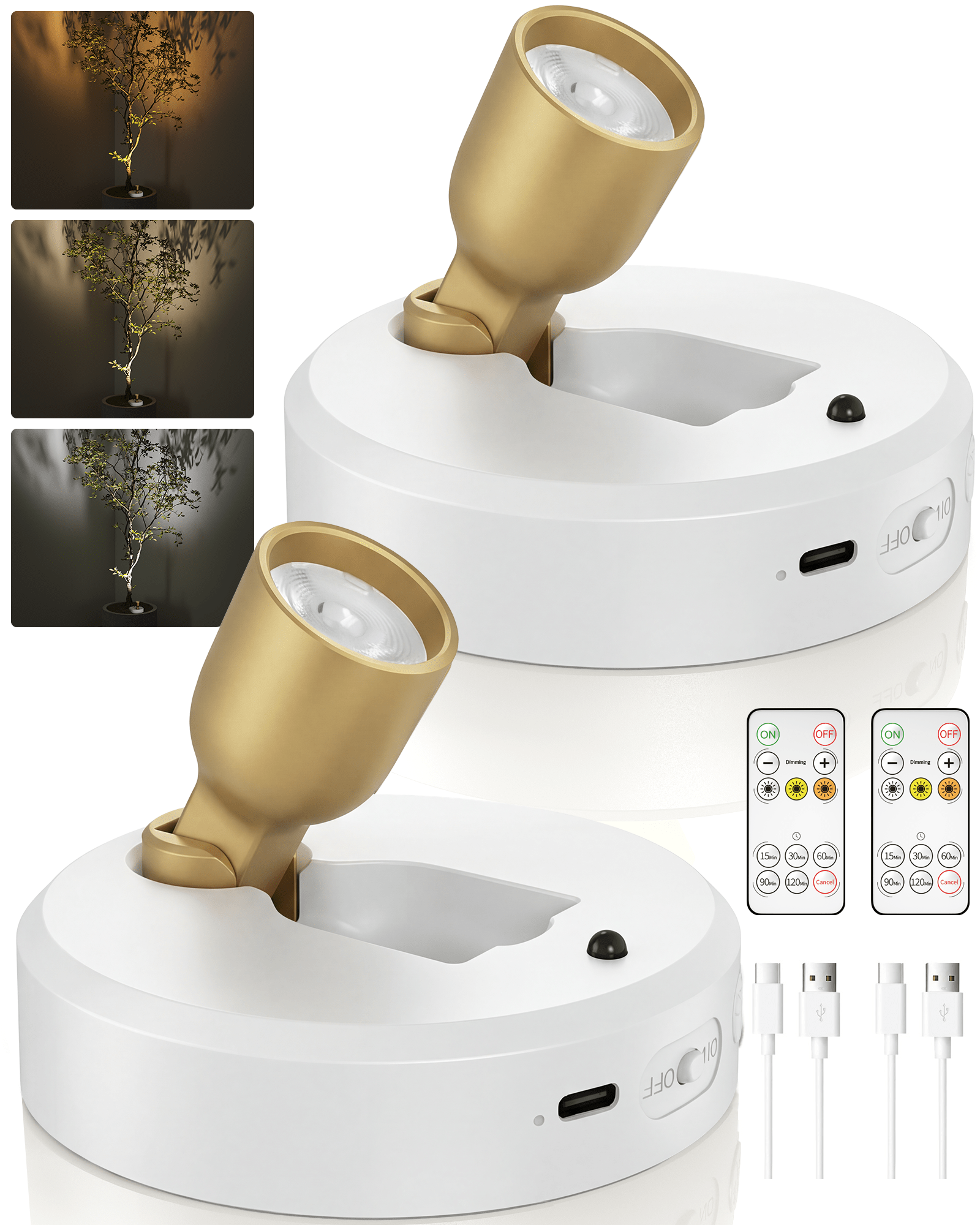 EZVALO Spotlight Indoor with Remote, 4000mAh Rechargeable Battery-Powered Plant Spot Lights, Wireless Mini Uplights with Dimmable & 3-CCT, Timer, Accent Lighting for Pictures, Art, Displays (2-Pack) - EZVALO
