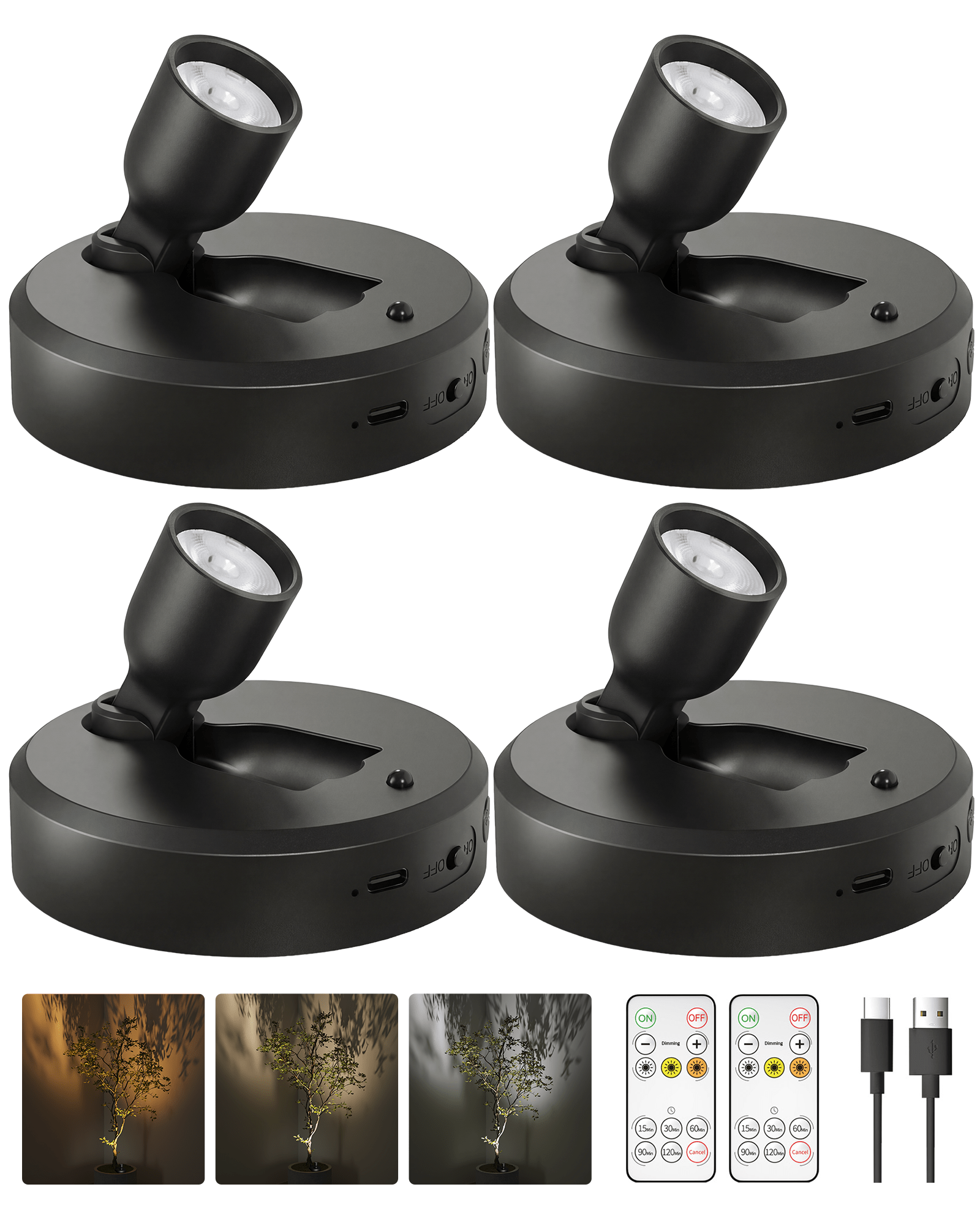 EZVALO Spotlight Indoor with Remote, 4000mAh Rechargeable Battery-Powered Plant Spot Lights, Wireless Mini Uplights with Dimmable & 3-CCT, Timer, Accent Lighting for Pictures, Art, Displays (2-Pack) - EZVALO
