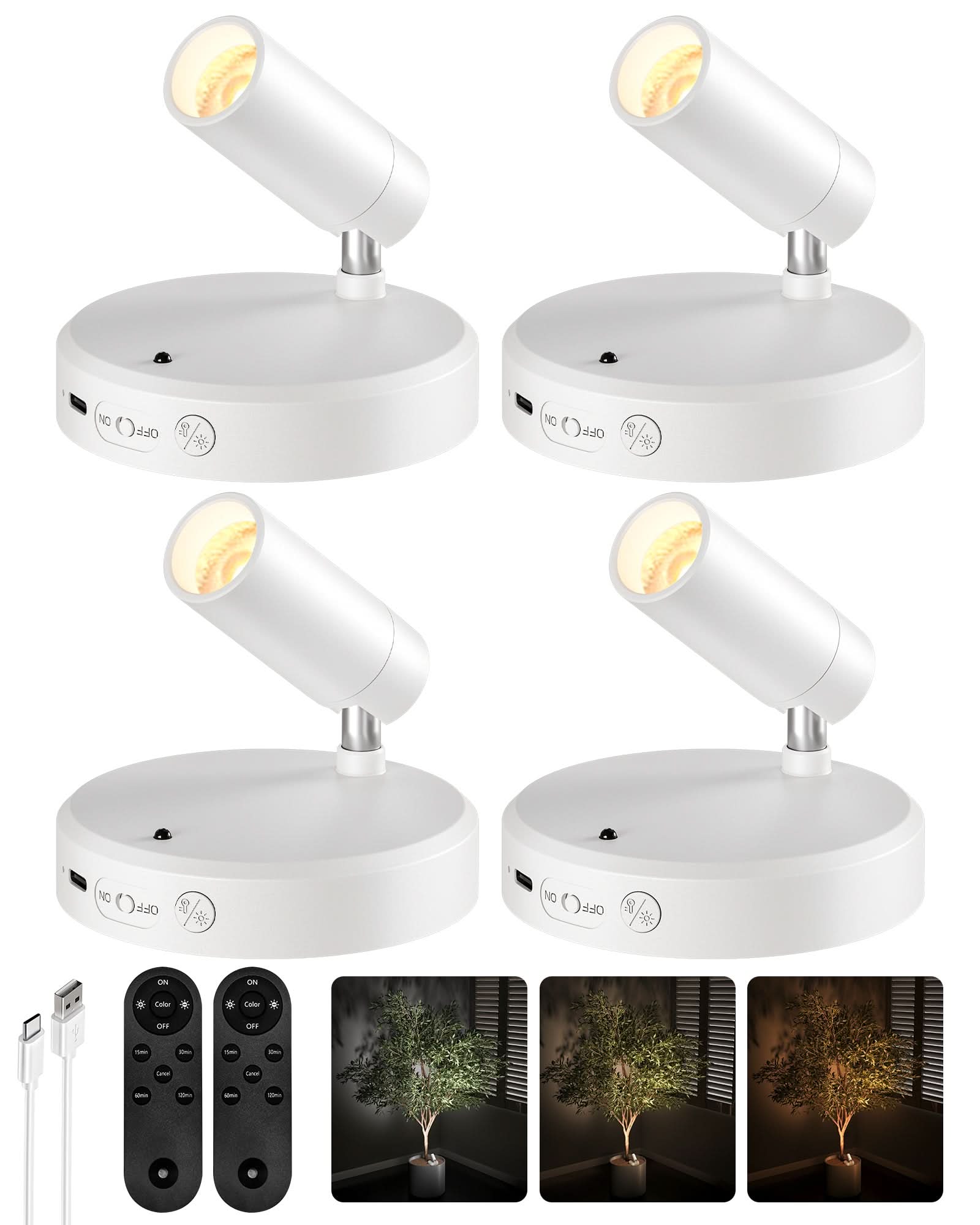 EZVALO Spotlights Indoor with Remote, 5500mAh Rechargeable Picture Lights, Wireless LED Uplighting with Timer＆Dimmable, 3CCT, Display Lights for Plant Painting, Artwork, Accent Lighting (2Pack - Black) - EZVALO